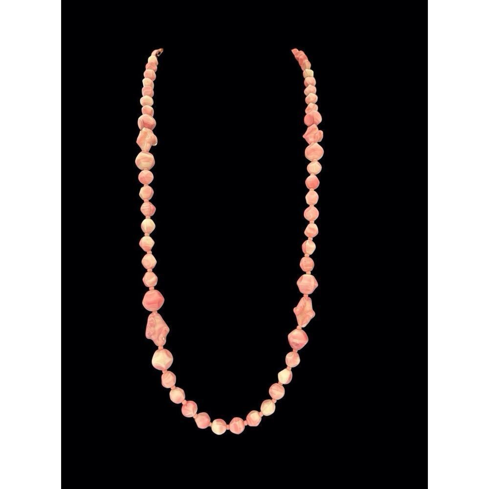 Miriam Haskell Pink White Swirl Art Glass Beaded Necklace 1970s Old Clasp Vtg